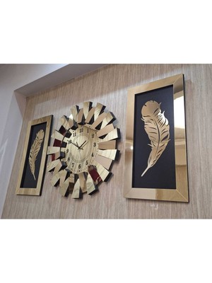 PremiumPort 3'lü Duvar Saati Türk Rakam, 3 Boyutlu Piyano Model, Aynalı Gold Tüy Tablo