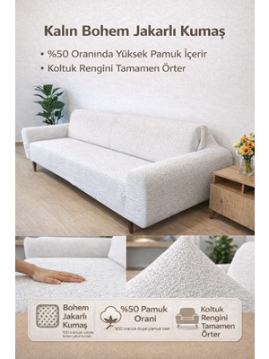 Btf Home Buklet Bohem Lastikli 3 Kişilik Koltuk Örtüsü Kaymaz Esnek ve Yıkanabilir Koltuk Kılıfı Krem Renk