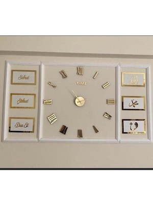 PremiumPort Altın Aynalı Pleksi Saat ve 6'lı Dua, Sabret, Şükret Duvar Panosu Seti