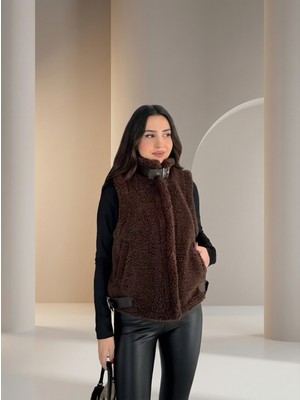 Modeva Global Kemerli Yumuşak Peluş Dokulu, Dik Yaka Tokalı Kadın Yelek