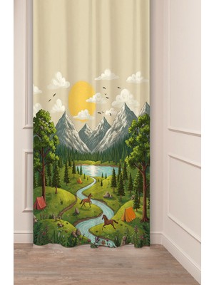 Greendecor Bohem Orman Doğa Ağaç Göl Nehir Dağ Güneş Bulut Dijital Baskılı Özel Tasarım (Tek Kanat) Fon Perde