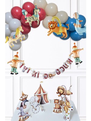 Pekshop Sirk Tema Doğum Günü Lüks Balon Zinciri Seti Bannerlı Masa Üstü Panolu Süsleme Seti