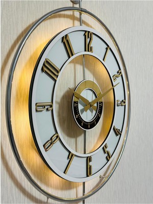 PremiumPort Krom Statik Metal Camlı Duvar Saati 50X70CM Işıklı Modern Tasarım
