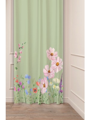 Greendecor Çiçek Papatya Yaprak Yeşil Bohem Deseneli Özel Tasarım Dijital Baskılı (Tek Kanat) Modern Fon Perde