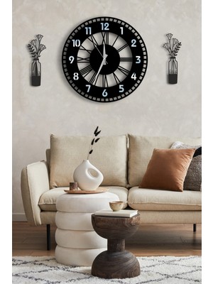 PremiumPort Modern Dekoratif Gümüş Aynalı Duvar Saati ve Vazo Tablo Seti 48CM