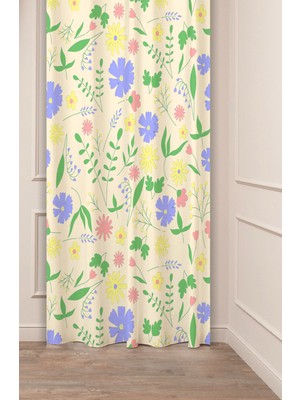 Greendecor Çiçekler Yaprak Kare Geometrik Çizgiler Desenli Özel Tasarım Dijital Baskılı (Tek Kanat) Fon Perde