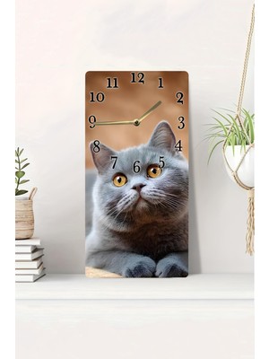 PremiumPort 3D Görünümlü 2d Uv Baskı Mdf Tablo Saat - Gri British Kedi Tasarımı 20X40 cm
