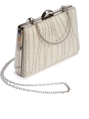 MFT Ayakkabı Kadın Taşlı Abiye Portföy Clutch Zincir Askılı Çanta Beyaz