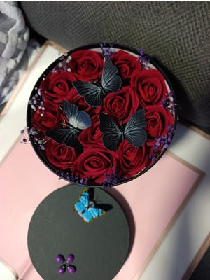 Ceku Home Tasarım Kırmızı Kadife Gül ve Kelebekli Hediye Kutusu Sevgililer Günü Özel Günler Için