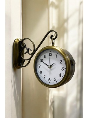 PremiumPort Şık 36X25 cm Eskitme Metal Çift Taraflı Duvar Saati Ev Dekoru