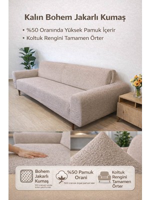 Btf Home Buklet Bohem Lastikli 3 Kişilik Koltuk Örtüsü Kaymaz Esnek ve Yıkanabilir Koltuk Kılıfı Vizon Renk