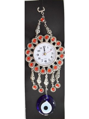 PremiumPort Kırmızı Taşlı Nazar Boncuklu Dekoratif Duvar Saati, Şık ve Şık Tasarım