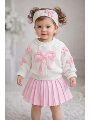 Meriç Bebe Kız Bebek Fiyonklu Selanik Kazak Pileli Etek ve Saç Bandlı 3lü Triko Takım
