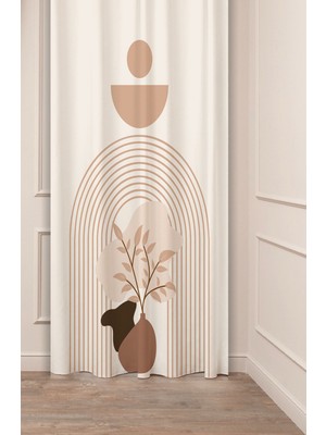 Greendecor Vazo Yaprak Soft Pastel Bohem Desenli Özel Tasarım Dijital Baskılı (Tek Kanat) Krem Bej Fon Perde