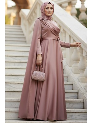 - Pelerin Detaylı Somon Tesettür Abiye Elbise 57915SMN