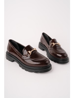 MARSHETTA Viana Model Metal Toka Detaylı Kahverengi Kırışık Rugan Kadın Loafer Günlük Ayakkabı