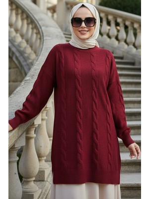 Neva Style Örgü Detaylı Bordo Tesettür Triko Kazak 60051BR