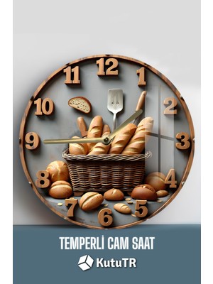 PremiumPort Ekmek Temalı Temperli Cam Duvar Saati 33X33 Cm, Şık ve Modern Tasarım