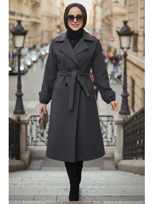 Düğmeli Füme Tesettür Kaşe Kaban 6243FU