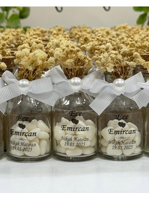 Siyah Lale Mantar Kapaklı Cam Şişe Kalp Şekerli Nikah, Söz, Nişan Hediyelik - 50 Adet