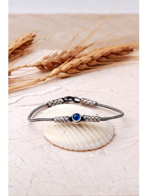 Sümer Telkari Kazaziye Işlemeli Nazar Boncuklu 18 cm Elişi 1000 Ayar Gümüş Bileklik 4828