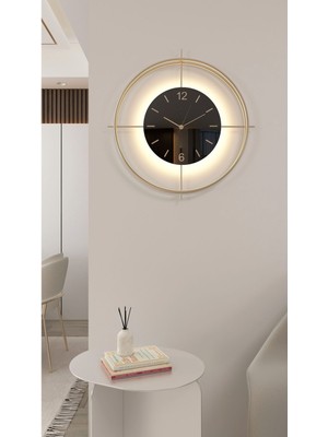 PremiumPort Modern 55X55 cm Gold Deluxe Ledli Siyah Göbek Metal Duvar Saati