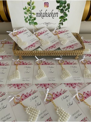 Siyah Lale Incili Kalp Anahtarlık Nikah, Söz, Nişan Hediyelik - 25 Adet