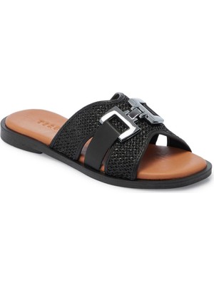 Tergan Siyah Hasır - Deri Kadın Terlik - K25Y1TR67962-A23