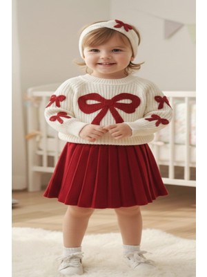 Meriç Bebe Kız Bebek Fiyonklu Selanik Kazak Pileli Etek ve Saç Bandlı 3lü Triko Takım