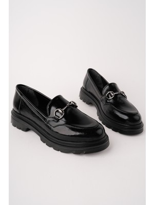 MARSHETTA Viana Model Metal Toka Detaylı Siyah Kırışık Rugan Kadın Loafer Günlük Ayakkabı