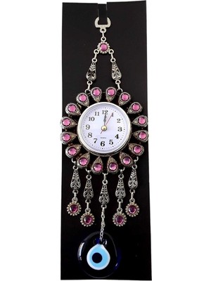 PremiumPort Mor Renkli Nazar Boncuklu Şık ve Dekoratif Küçük Duvar Saati