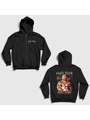 Presmono Unisex Siyah Poster Boks Boxing Iron Mike Tyson Sırt Baskılı Fermuarlı Kapüşonlu Sweatshirt