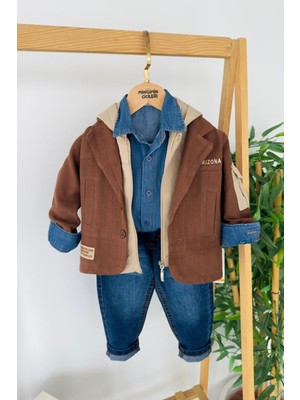 Miniğimin Cicileri Arizona Işleme Ceketli Kapüşonlu Yelekli 4 Lü Erkek Çocuk Takım - Kahve