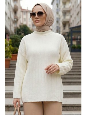 Fitilli Ekru Tesettür Triko Kazak 8844E