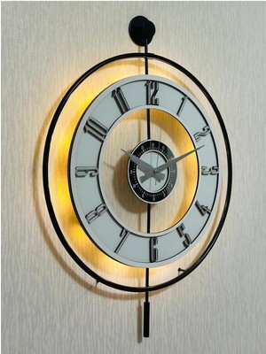 PremiumPort Modern Metal ve Cam Duvar Saati, 50X70 Cm, Işıklı, Şeffaf ve Siyah Gümüş Detaylı