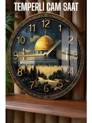 PremiumPort 3D Temalı Temperli Cam Saat, Kudüs Mescid-I Aksa, 33 Cm, Şık Dekorasyon
