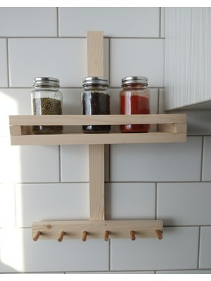 50X35 cm Ahşap Mutfak Organizeri - Köknar Ağacı Baharatlık ve 6’lı Askılı Raf - Delmesiz Yapışkanlı Banyo Havluluğu