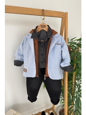 Miniğimin Cicileri Arizona Işleme Ceketli Kapüşonlu Yelekli 4 Lü Erkek Çocuk Takım - Mavi