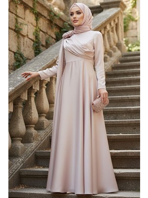 - Pelerin Detaylı Bej Tesettür Abiye Elbise 57915BEJ