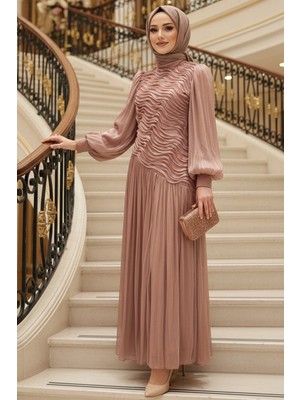 Dalga Desen Büzgülü Somon Tesettür Abiye Elbise 5538SMN