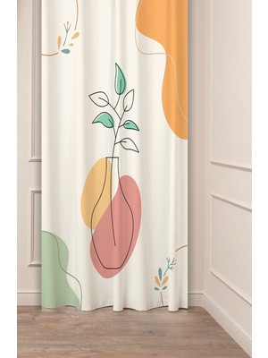 Greendecor Vazo Yaprak Soft Pastel Bohem Desenli Özel Tasarım Dijital Baskılı (Tek Kanat) Krem Bej Fon Perde