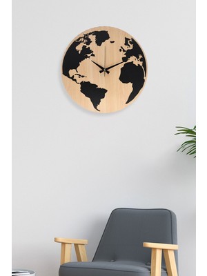 PremiumPort Modern Dünya Haritalı Mdf Duvar Saati 41X41CM, Şık ve Fonksiyonel Dekor