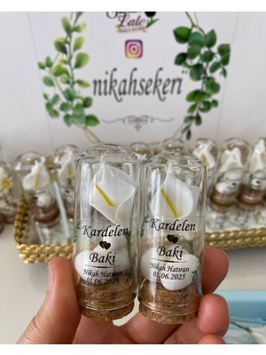 Siyah Lale Cam Fanus Kardelen Çiçek ve Fıstık Şekerli Nikah, Söz, Nişan Hediyelik - 100 Adet