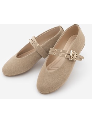 Marjin Kadın Çift Bantlı Zımbalı Günlük Babet Bekosa Bej Süet