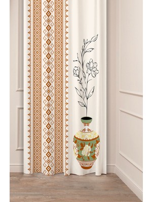 Greendecor Etnik Anadolu Motif Çiçek Pastel Bohem Özel Tasarım Dijital Baskılı (Tek Kanat) Bej Krem Fon Perde
