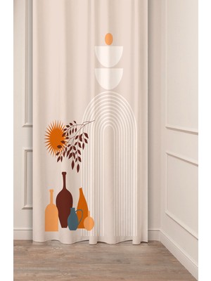 Greendecor Vazo Yaprak Güneş Soft Bohem Desenli Özel Tasarım Dijital Baskılı (Tek Kanat) Bej Krem Şık Fon Perde