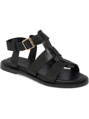 Tergan Siyah Deri - Tekstil Kadın Sandalet - K25Y1SN68111-A23
