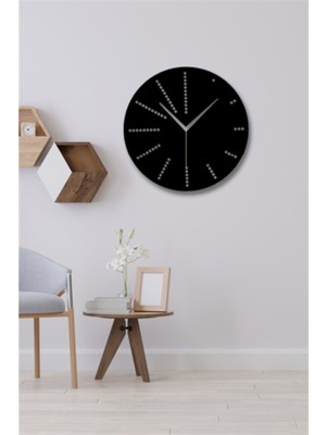 PremiumPort Siyah Ahşap Yuvarlak Noktalı Duvar Saati, 45X45CM, Salon ve Ofis Dekoru