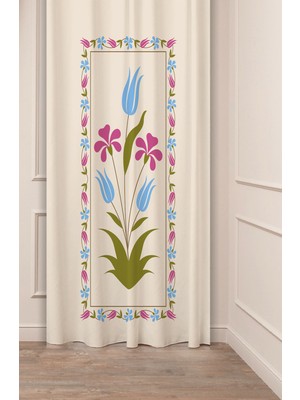Greendecor Etnik Anadolu Motif Çiçek Pastel Bohem Özel Tasarım Dijital Baskılı (Tek Kanat) Bej Krem Fon Perde