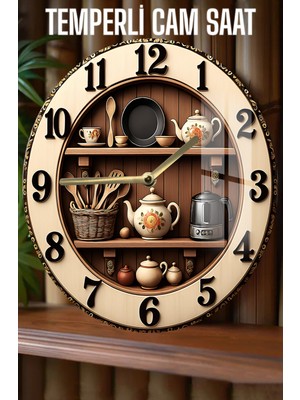 PremiumPort 3D Temalı Temperli Cam Saat, Mutfak ve Çaydanlık Tasarımı, 33 cm
